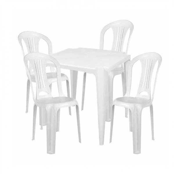 Jogo com uma mesa plástica e quatro cadeiras brancas